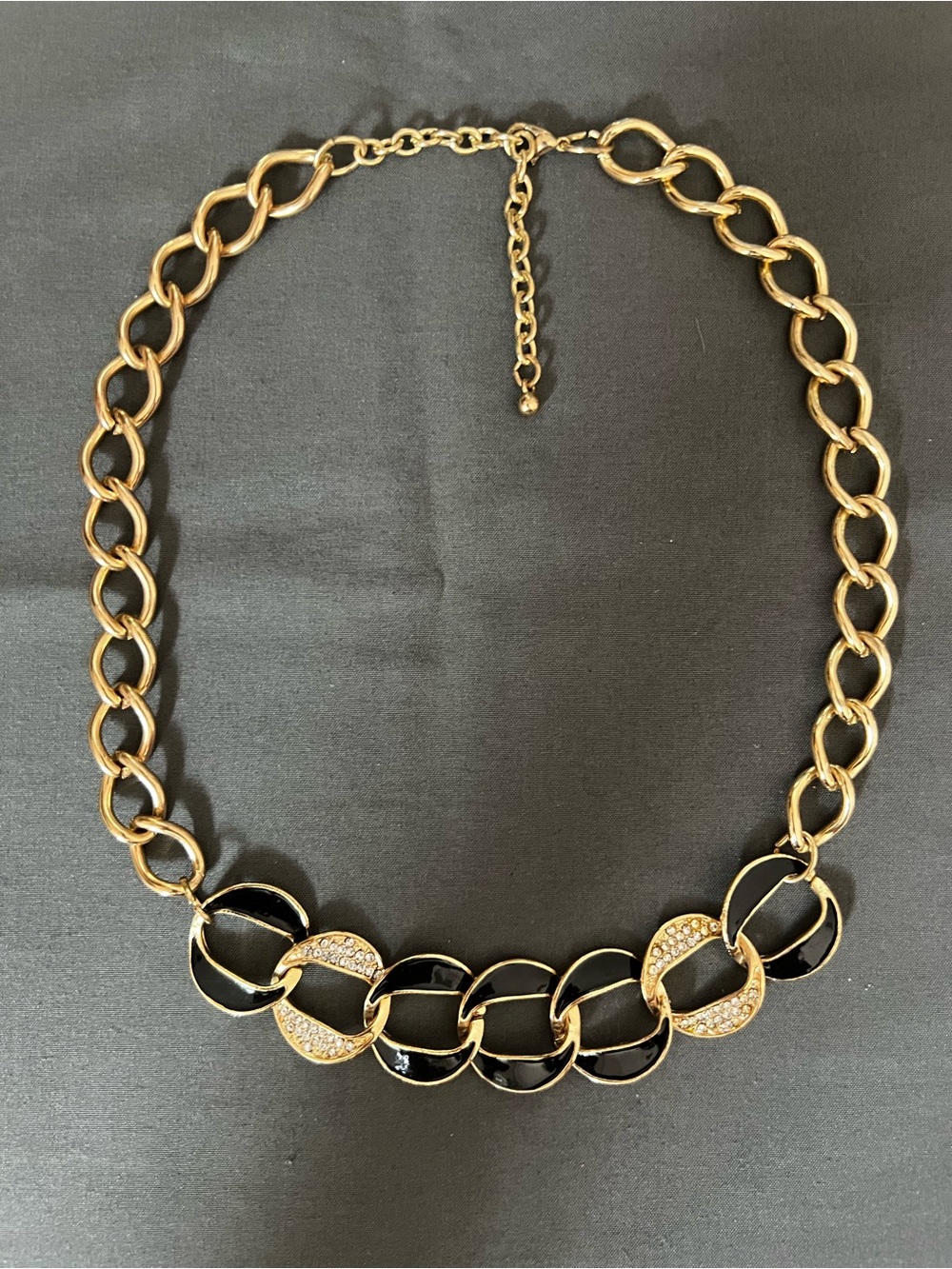 Vintage Source Unknown Gold and Black Enamel Chain Necklace with Crystal Rings